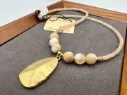 Vintage New Old Stock Egyptian Gold MOP Peach Agate Gemstone Necklace Saks $125