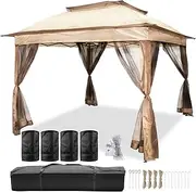 VEVOR Outdoor Canopy Gazebo Tent, Portable Canopy Shelter with 11'x11' Large Shade Space for Party, Backyard, Patio Lawn and Garden, 4 Sandbags, Carrying Bag and Netting Included, Brown