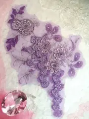 Embroidered 3D Applique Purple Silver Floral Patch Rhinestone Accented 16"(DH73)