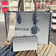 Michael Kors Mirella MD MK Print East-West Tote Bag & Double Zip Wallet (Navy)