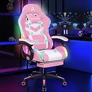 ALFORDSON Gaming Office Chair with 12 RGB LED Lights & 8 Point Massager, PU Leather Racing Computer Chair with Lumbar Support Footrest and High Back, Ergonomic Executive Desk Chair for Gamer Pink
