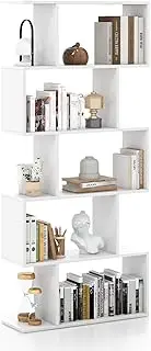 [Giantex] 5-Tier Bookshelf, Geometric S-Shaped Bookcase w/Anti-Toppling Device, Freestanding Industrial Decorative Display Shelf, Storage Shelving for Living Room Home Office (White)