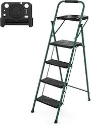 Folding Step Ladder, 4-Step Ladder w/Tool Tray, Non-Slip Footpads & Pedals, Cozy Padded Handgrip, Sturdy Metal Frame, 150kg Max Load, Stool for Home Office, Black, Green (TJ10010DK-Costway)