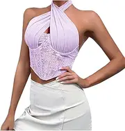 [azrian] Women Sexy Criss Cross Halter Wrap Front Tops Floral Lace Backless Corset Tops Fashion Sleeveless Bustier Bodice
