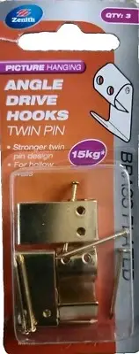 ZENITH Brass Plated Angle Drive Hook Twin Pin 15KG For Gyprock Timber WIC4003