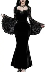 [InGoticos] Women Gothic Sexy Lace Patchwork Sleeve Fishtail Velvet Goth Dress Without Choker & Umbrella