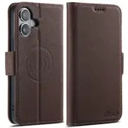 For iPhone 16 Case Leather Flip Wallet Cover Stand Compatible with Magsafe Brown