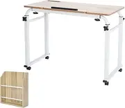 Tilt Top Overbed Table with Wheels Cross-Bed Stretchable Lazy Computer Desk Mobile Laptop Cart Adjustable Rolling Over Bed Desk,Walnut,0.8m