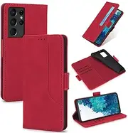 Design Piece of Colourful Leather-Like Wallet Phone Case for Samsung Galaxy S21 Ultra with Card Slots, Cash Pocket, Kickstand and Magnetic Lock (Red)