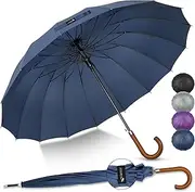 ZOMAKE Large Stick Golf Umbrella With Wood Hook Handle 16 Ribs - Automatic Open Classic Umbrellas Windproof Wooden Handle - Long Umbrella With J Hook,Curved Handle Umbrella Cane for Women Men