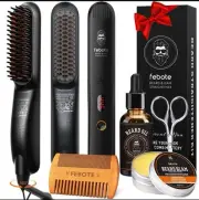 Beard Straightener Kit With Balm Growth Oil Comb Scissors Grooming Men