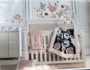 4 Piece Crib Bedding Set Flowers Pink Blush Charcoal Flowers - Fiori Levtex Home