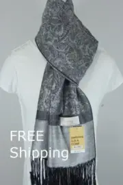Women's Pashmina Scarf Wrap Shawl,Silk Cashmere Paisley Silver/Black*Soft*027