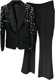 [HEYDHSDC] Women Beading Color Rhinestones Sequined Two Piece Sets Flare Pants Trousers Set