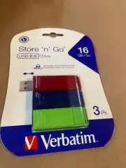 Verbatim 99122 Store N Go USB Flash Drive 16GB 3-Pack - Red Green Blue (NEW)