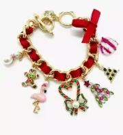 Betsey Johnson Holiday Whimsy Christmas Charm Bracelet Pink Flamingo NEW