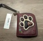 IVORY PAW PRINT DOG CAT ZIP AROUND WALLET WRISTLET CHALA BURGUNDY WITH CHARM NWT