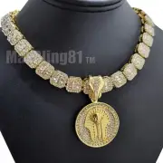 Gold Plated Alloy King Tut Pharaoh Pendant & Iced Cubic Zirconia Chain Necklace
