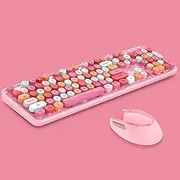 2.4G Full-Size Wireless Keyboard and Mouse Combo, Multi-Color Typewriter Style Round Keycap, Cute Candy Colors, Compatible with Notebook, PC (Pink)