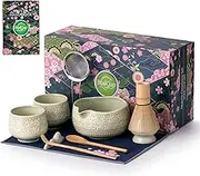 Buucup Matcha Whisk Set, 10 Pcs Matcha Set Includes Matcha Bowl, 2 Cups, Matcha Whisk and Holder, Bamboo Scoop and Spoon, Scoop Rest, Sifter and Tea Towel, Complete Matcha Kit (Mottled Green)