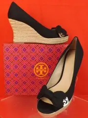NIB TORY BURCH DORY 85 BLACK CANVAS BOW GOLD REVA PLATFORM ESPADRILLE WEDGES 11
