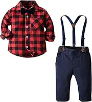 [SANGTREE] Baby Boys Clothes, Dress Shirt with Bowtie + Suspender Pants, 6 Months - 6 Years - Red - 18-24 Months