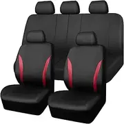 CAR PASS Universal Fit Sporty Carbon Leather Full Set Car Seat Cover,Airbag Compatible,Zipper Design (Full Set, Black and Red)