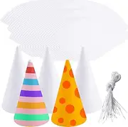 Haconba 80 Pack White Cone Hats DIY Blank Paper Birthday Party Hats Plain Craft Paper Cone Party Hats with Elastic String for Birthday Thanksgiving Christmas New Year Party Supplies