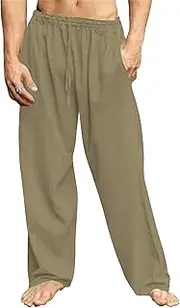 [Maiyifu-GJ] Men's Cotton Linen Pants Loose Fit Casual Yoga Jogger Pants Elastic Waist Drawstring Baggy Trousers with Pockets