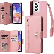 [YocoverTech] for Samsung A23 Case,for Galaxy A23 Wallet Case[6 Card Slots and 1 Zipper Coin Pocket] PU Leather Stand Flip Cover with Wrist Strap[6.6 inch]-Pink