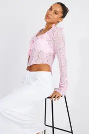 Pink Lace Tie Up Top Long Sleeve - Size 14, Women's Kimono