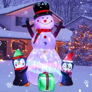 6Ft Lighted Christmas Inflatable Snowman with Two Cute Penguins and Gift, Rot...
