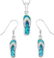 Sterling Silver Created Opal Flip-Flop Earrings and Pendant Set with 18" Chain
