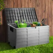 290L Outdoor Storage Box Container Bench Garden Deck Tool Shed With wheels Grey