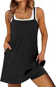[ANRABESS] Womens Tennis Dress 2025 Trendy Summer Casual Loose Athletic Workout Exercise Golf Mini Romper Dress Built in Shorts, Black, M