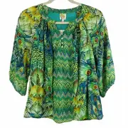 Fig & Flower Boho Tunic Top Blouse Peasant Green Peacock Feathers Lined Plus 1X