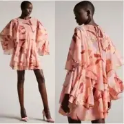 TED BAKER Pegaia Sleeve Detail Ruffle Coral Mini Dress Size 0 (US 2)