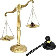 Owlgift Antique Metal Justice Represent Libra Jewelry Tower/w Wooden Gavel and Block Set, Lawyer Scale of Justice, Judge Sound Block Set, Auction Sale – Golden, 11.1" W x 16.5" H