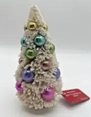 World Market Snowy White Retro Bottlebrush Tabletop Tree Decor W/ Baubles - 6”H