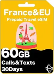 Europe & UK Prepaid Travel eSIM - High-Speed Data for 30 Days, Unlimited Calls & Text, €25 Int’l Credit - Bouygues Telecom (60GB (30 Days))