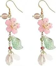 [AGDGV] Pink Flower Dangle Earrings for Women, Cherry Blossom Pearl Drop Long Earrings, Sakura Leaf Floral Tassel, Summer Statement Accessories