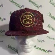 Stussy x New Era 59Fifty Hat Fitted Cap Gold Flake Floral Red Burgundy Men 7 1/2