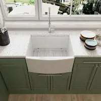 在飛比找Yahoo!奇摩拍賣優惠-水槽現代美式廚房陶瓷洗菜盆老式家用水槽半嵌入式前置Farmh