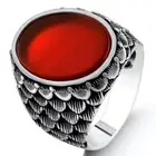 Solid 925 Sterling Silver Fish Scales Design Flat Agate Stone Men's Ring