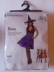 M Adult Halloween Purple Black light up Witch Costume with Spider Webs and Hat