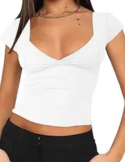 [MISSACTIVER] Women's Sexy Low Cut V Neck Tee Shirt Solid Short Sleeve Backless Corset Top Slim Fit T-Shirt Tops Party Clubwear