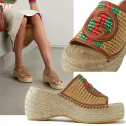 GUCCI SHOES WOVEN RAFFIA WEDGE ESPADRILLES w G LOGO WEB SLIDES $800 sz 39.5 9.5