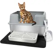 Stainless Steel Cat Litter Box Large Semi-Enclosed Litter Box with Lid Anti-L...