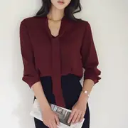 Long-Sleeve V-Neck Plain Lace Up Bow Chiffon Blouse Wine Red - XL