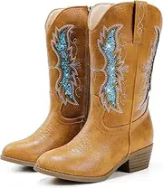 [Motasha] Sparkly Glitter Cowgirl Cowboy Boots for Girls Little Kids Mid Calf Zipper Pointed Toes Low Heel Western Embroidery Party Birthday Toddler to Big Kid